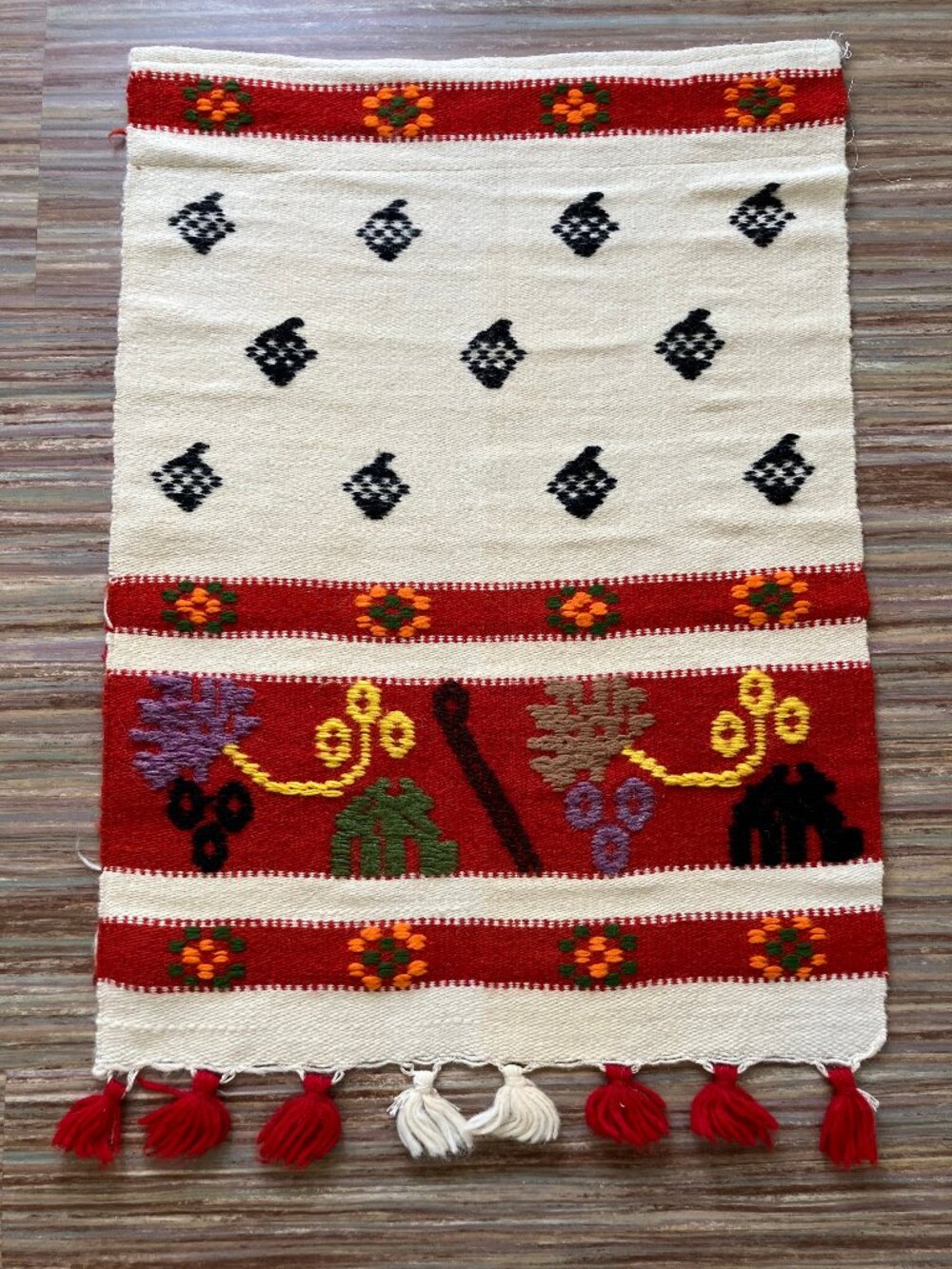 Hand Woven Wool Tapestry Wall Hanging Geometric Red Pattern Vintage 24x35"
